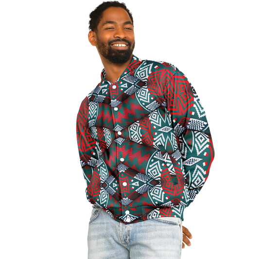 Men's Red, Green & White Teal Aztec Geo Pattern All-Over Print Baseball Jacket