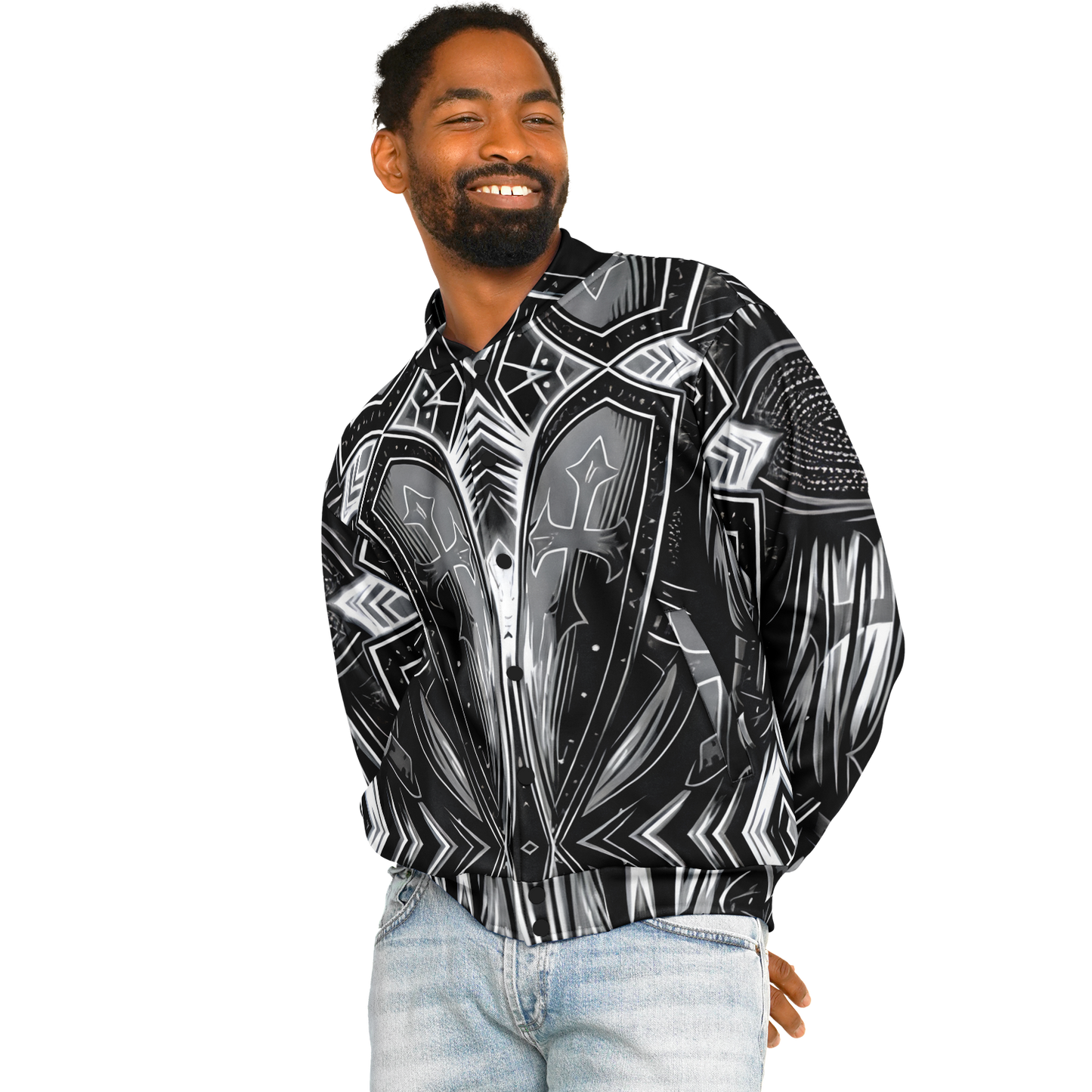 Men's Black & Silver Symmetry Pattern All-Over Print Baseball Jacket