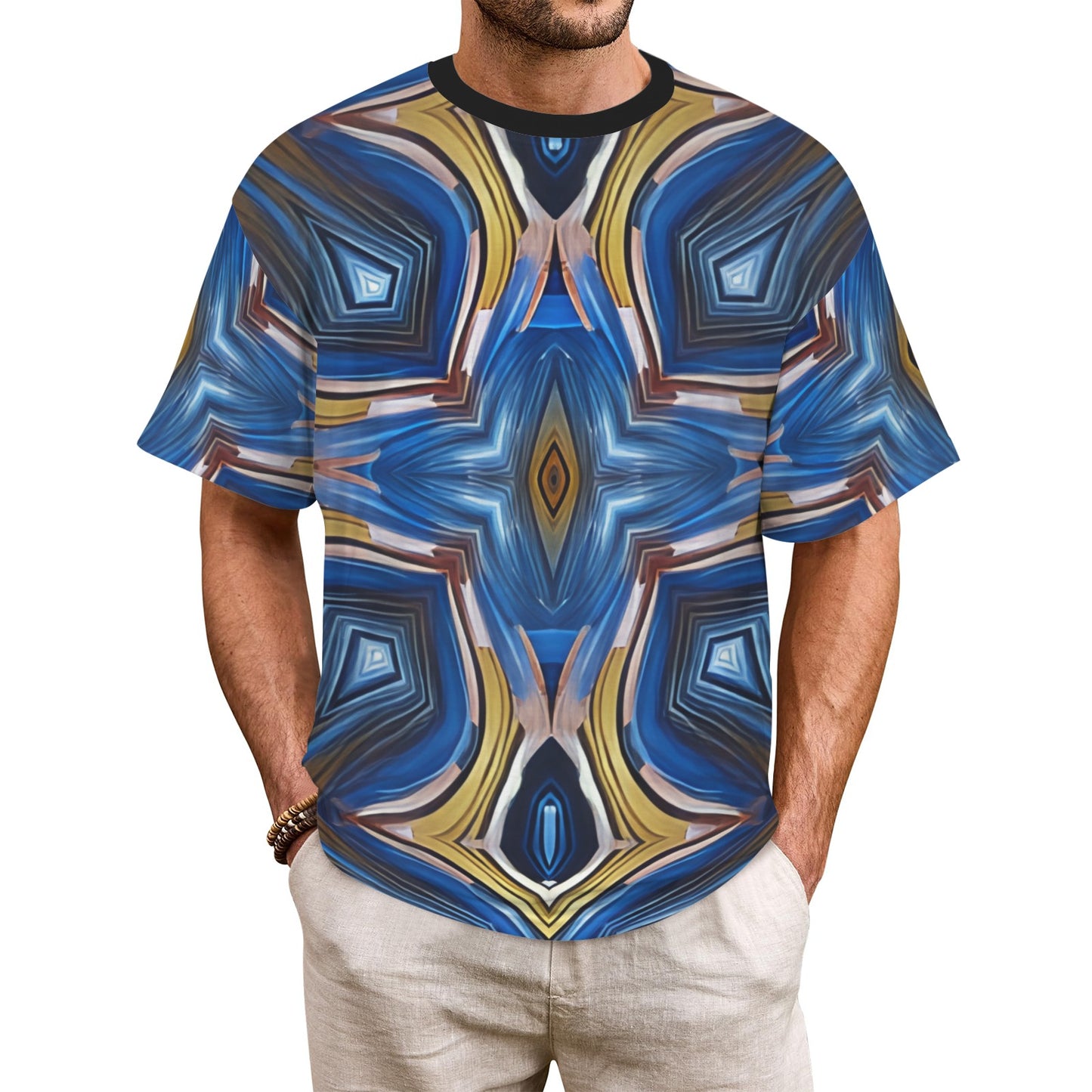 Men's Abstract Blue Geode Kaleidoscope Pattern All Over Print All Over Print Ribbed Collar T-Shirt.