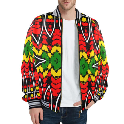 Men's Bold Red Yellow Green Rasta Pattern All Over print  Striped Trim Bomber Jacket