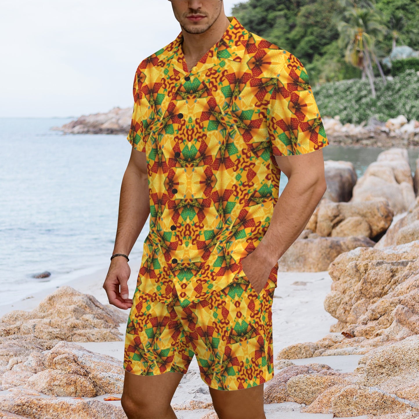 Men's Vibrant African Kente Geometric Pattern All Over Print Hawaiian Shirt & Shorts Set