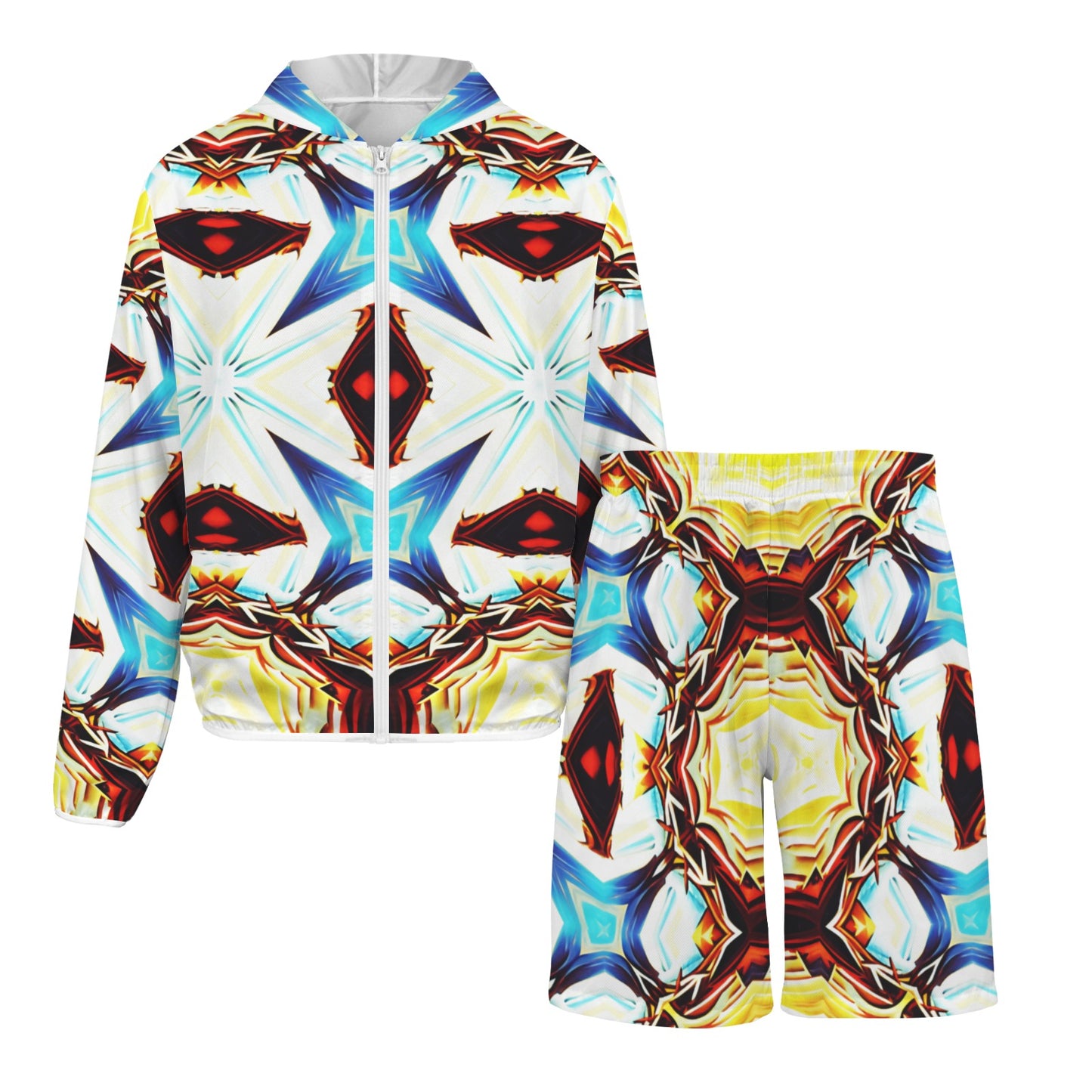 Men's Vibrant Kaleidoscope Geo Pattern All-Over Print Lightweight Sun Hoodie & Shorts Set