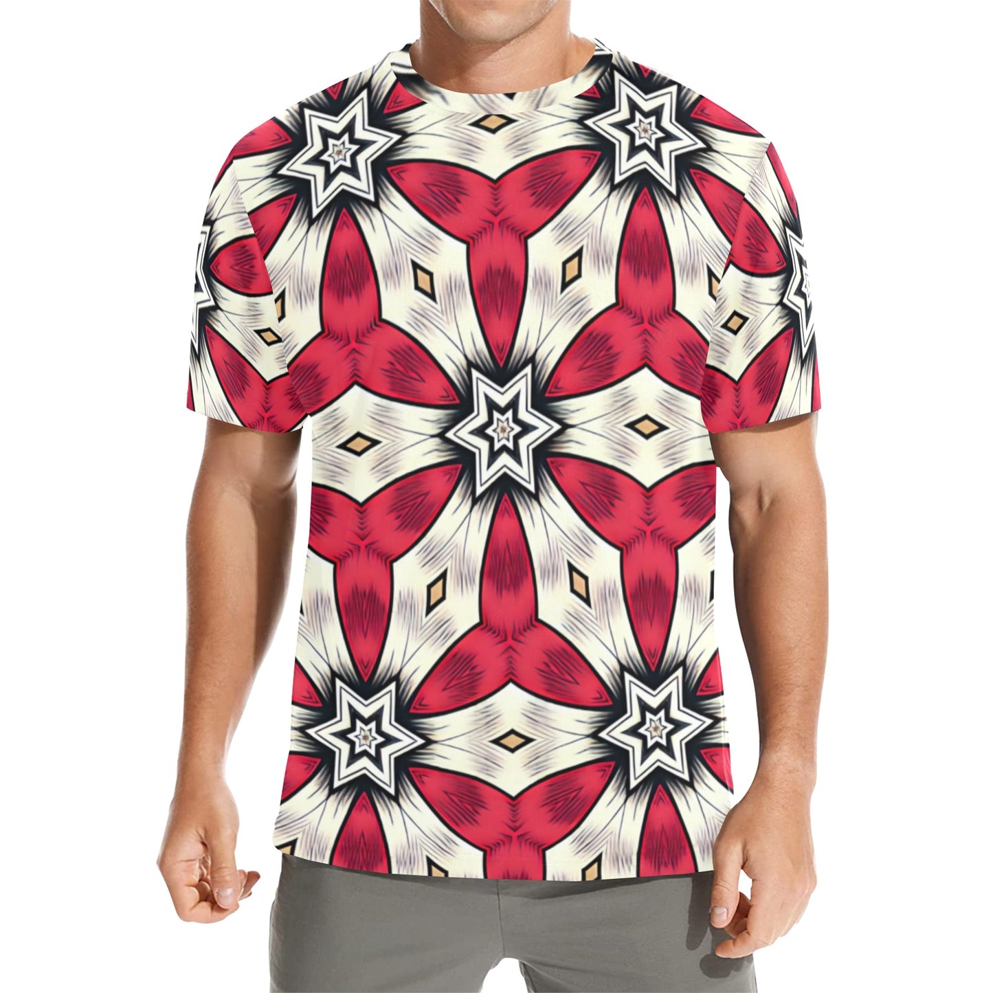 Men's Red & White Geometric Star Pattern All Over Print All Over Print Crew Neck T-Shirt