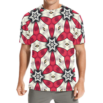 Men's Red & White Geometric Star Pattern All Over Print All Over Print Crew Neck T-Shirt