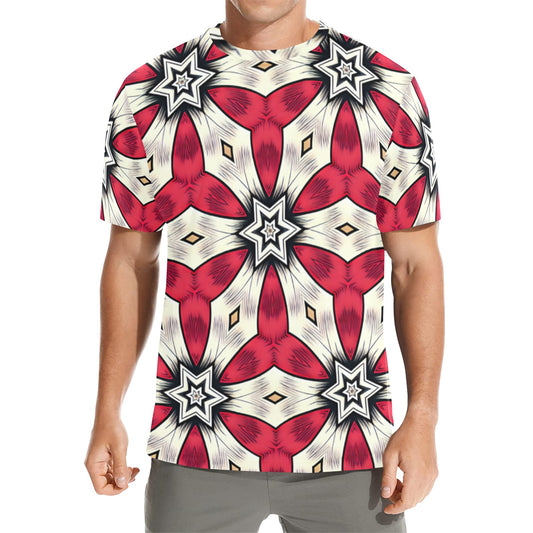 Men's Red & White Geometric Star Pattern All Over Print All Over Print Crew Neck T-Shirt