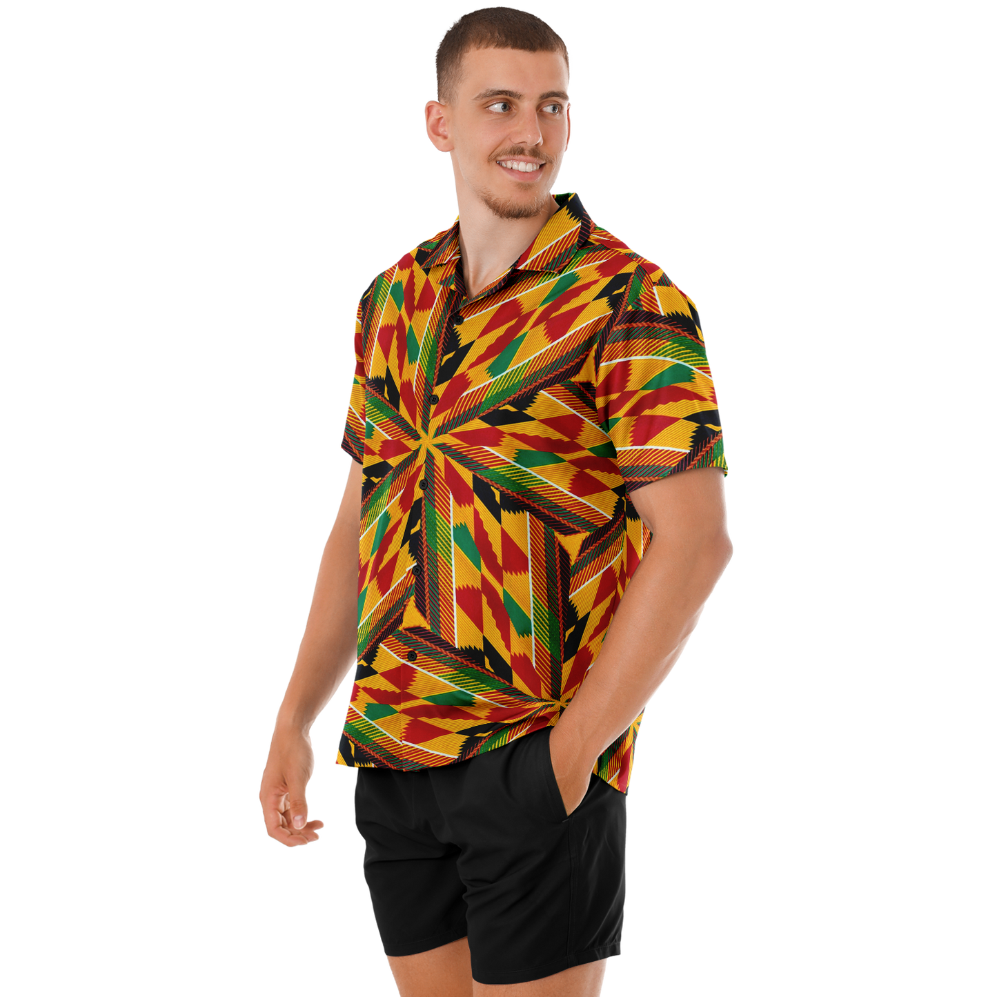 Men's African Kente Geometric Pattern All-Over Print Spread Collar Short Sleeve Button-Down Shirt