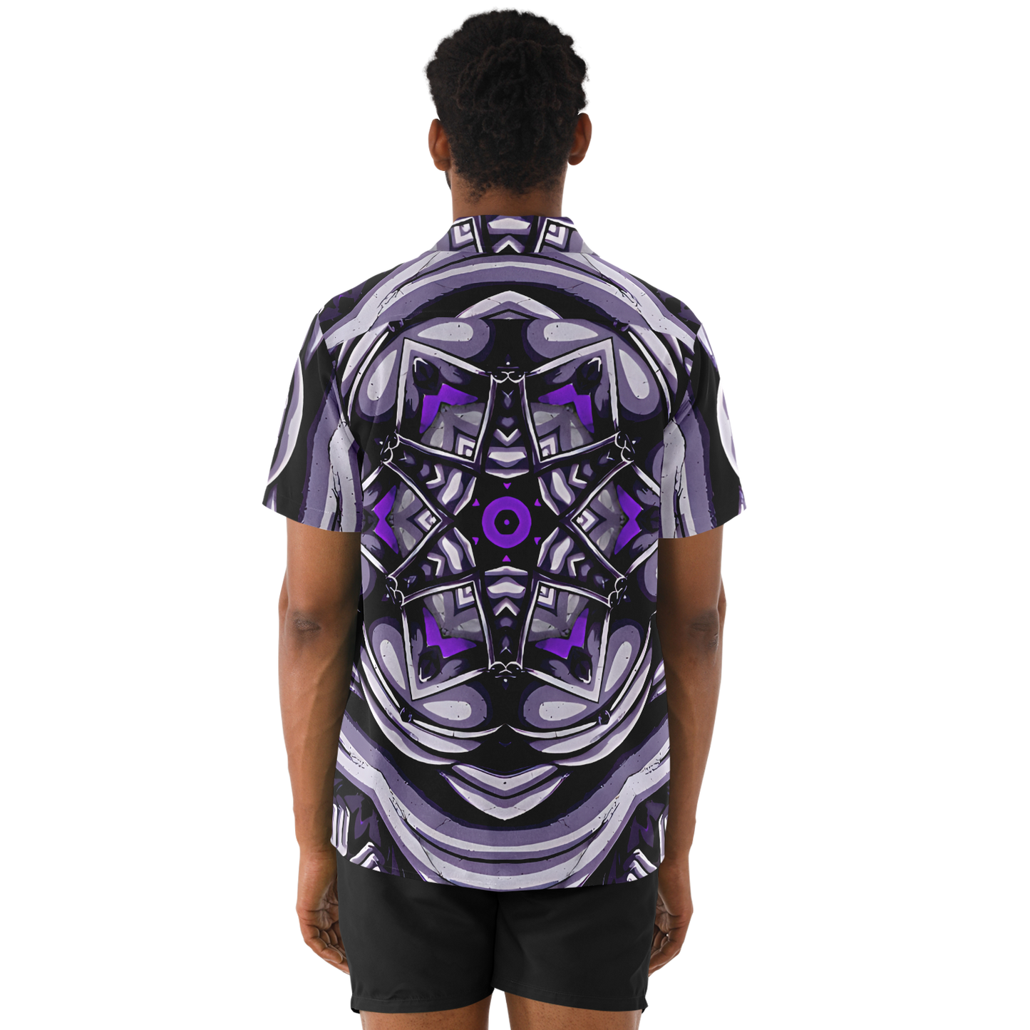 Men's Kaleidoscope Purple Pattern Spread Collar Short Sleeve Button-Down All Over Print Shirt.