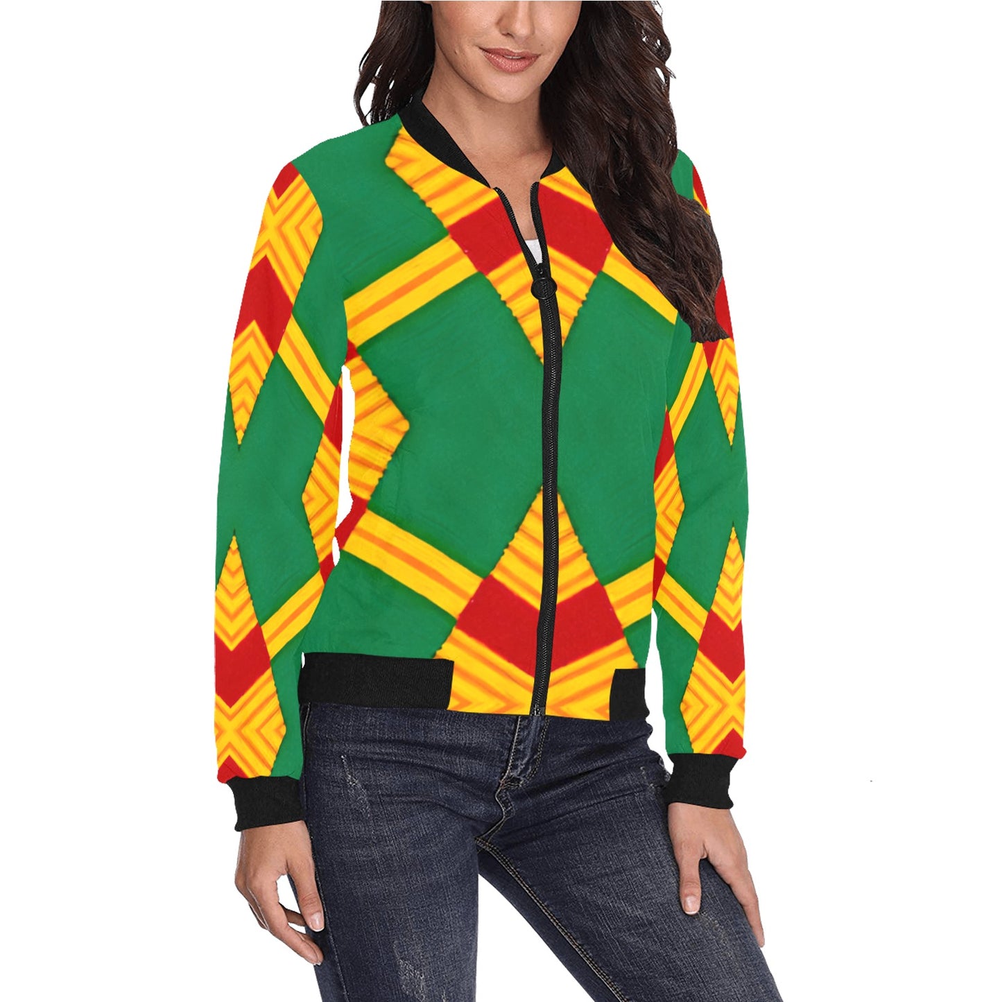 Women Bold Green, Red & Gold African Kente-Inspired Pattern All-Over Print Bomber Jacket