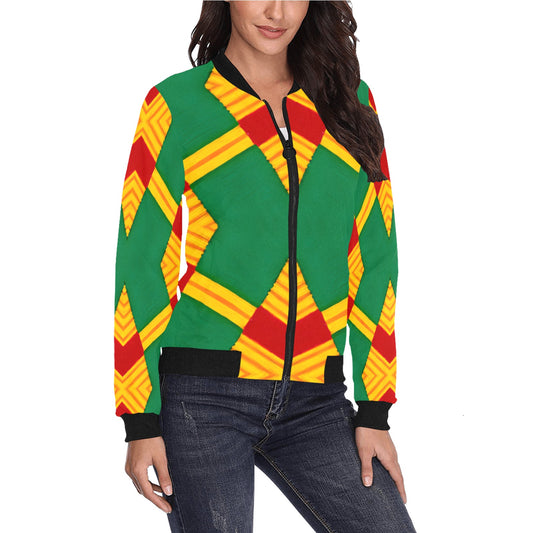 Women Bold Green, Red & Gold African Kente-Inspired Pattern All-Over Print Bomber Jacket