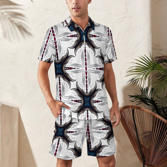 Men's Kaleidoscope Geo Pattern All-Over Print Zip-Up Polo Set