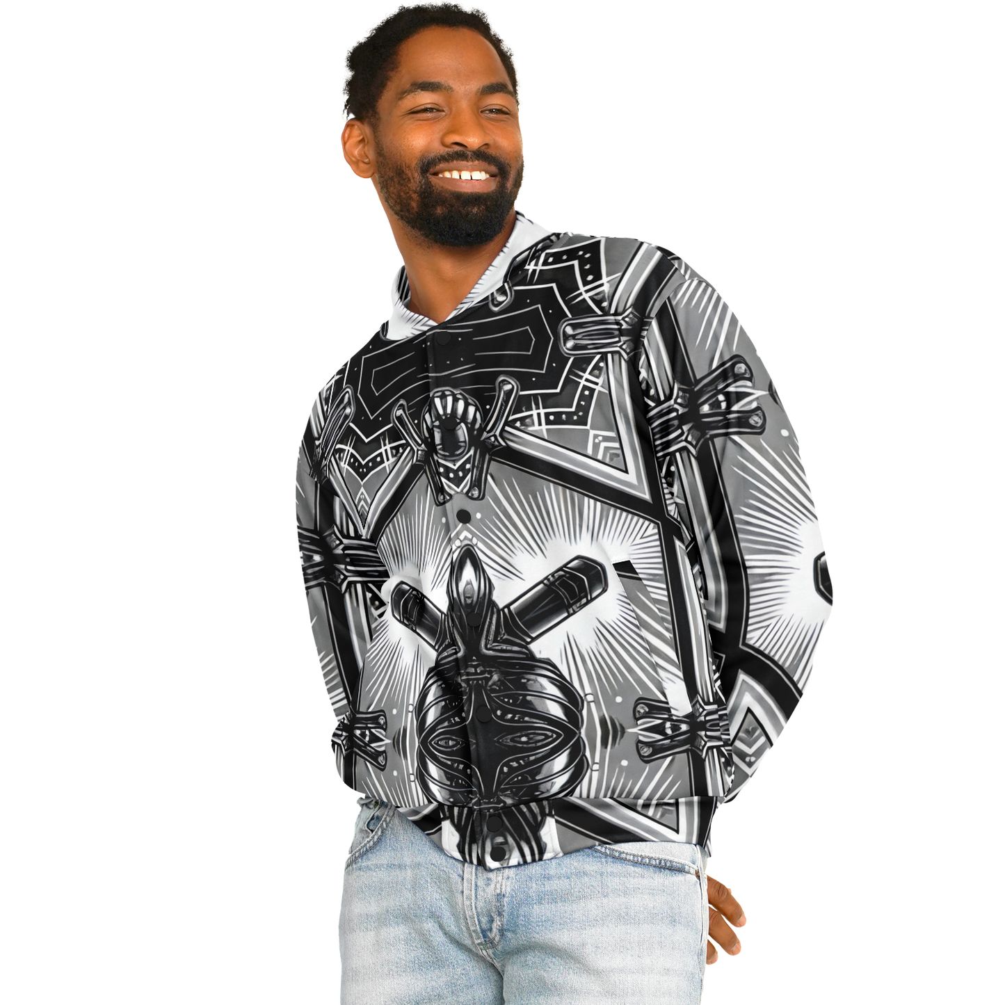 Men's Monochrome Kaleidoscope Pattern Men's All Over Print Baseball Jacket
