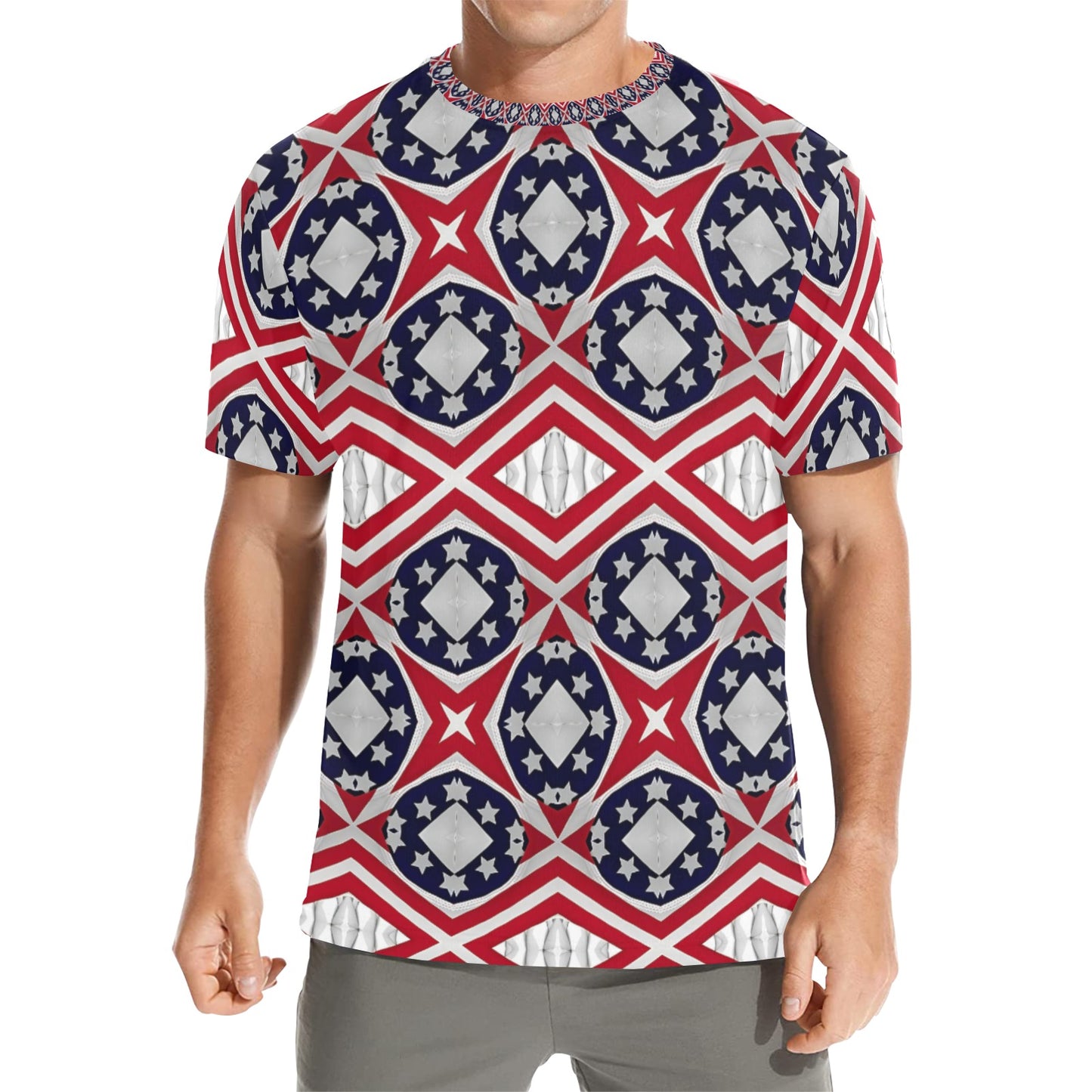 Men's Patriotic Red White Blue Geometric Men's All Over Print Crew Neck T-Shirt