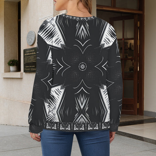 Women's Black & White Kaleidoscope Pattern All Over Print Crew Neck Sweater