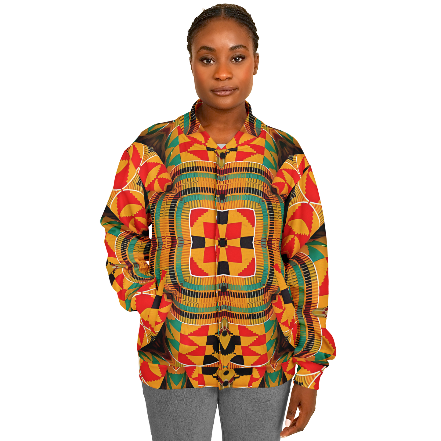 Women's Vibrant African Kente-Inspired Pattern All-Over Print Baseball Jacket