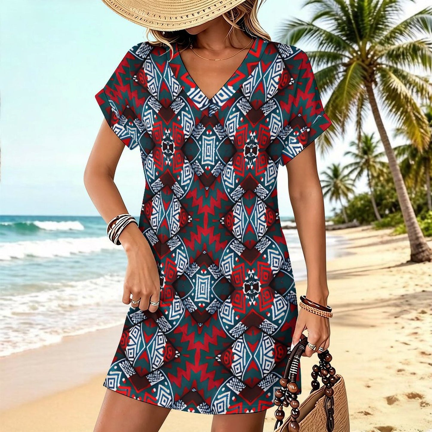 Women's Red, Green & White Teal Aztec Geo Pattern All-Over Print Casual V-Neck Dress with Rolled Cuffs