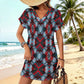 Women's Red, Green & White Teal Aztec Geo Pattern All-Over Print Casual V-Neck Dress with Rolled Cuffs