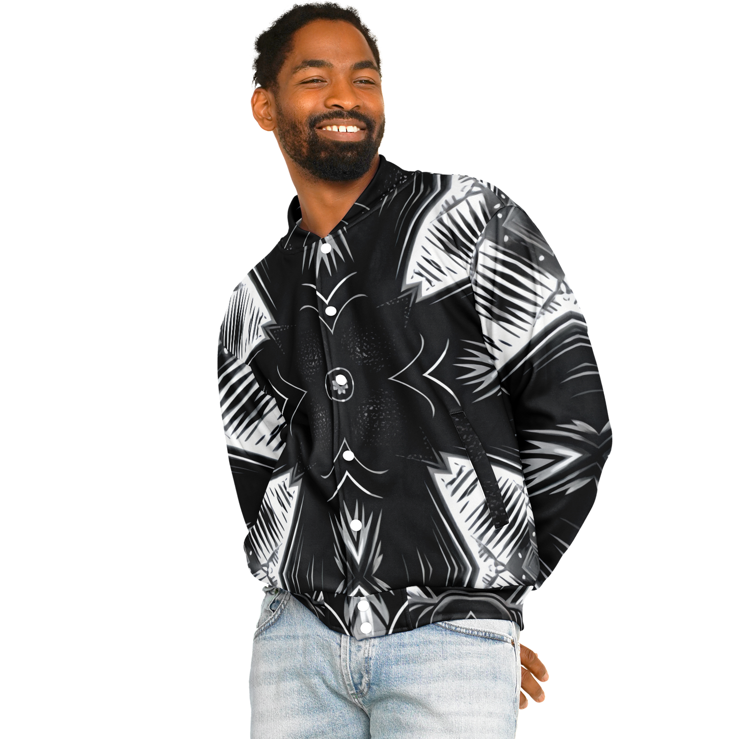 Men's Black & White Geometric Pattern All Over print All Over Print Baseball Jacket