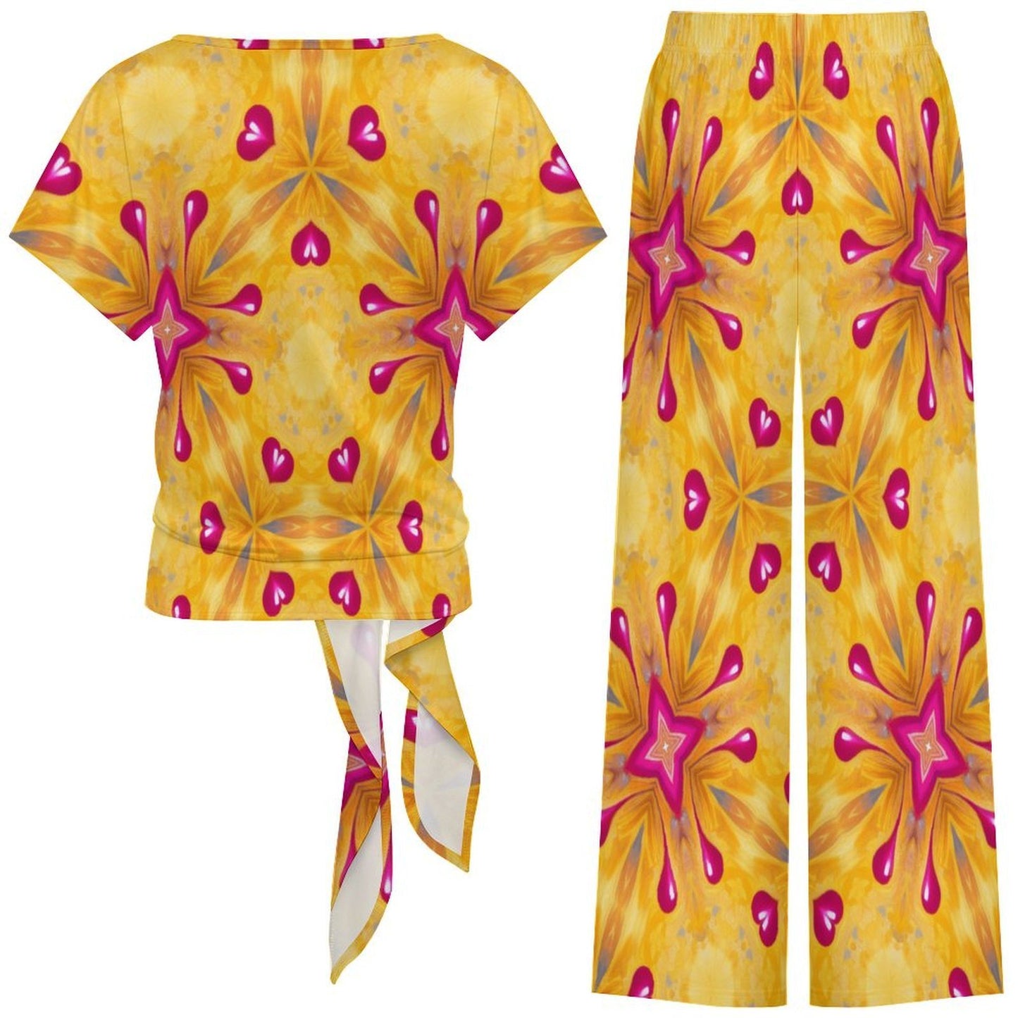 Women's Heart Kaleidoscope Pattern All Over Print Side-Tie Short Sleeve Top & Wide-Leg Pants Set