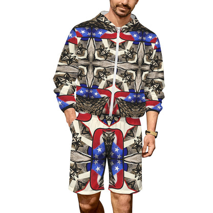 Men's Patriotic Stars & Cross Kaleidoscope Pattern All-Over Print Lightweight Sun Hoodie & Shorts Set