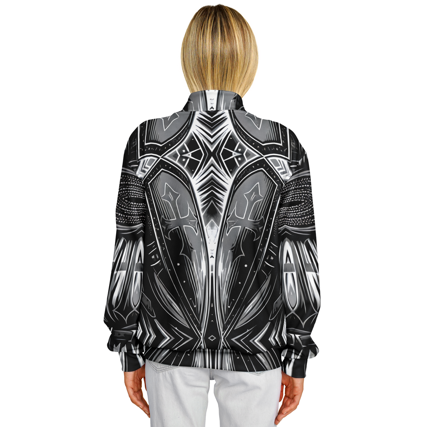 Women's Black & Silver Symmetry Pattern All-Over Print Baseball Jacket