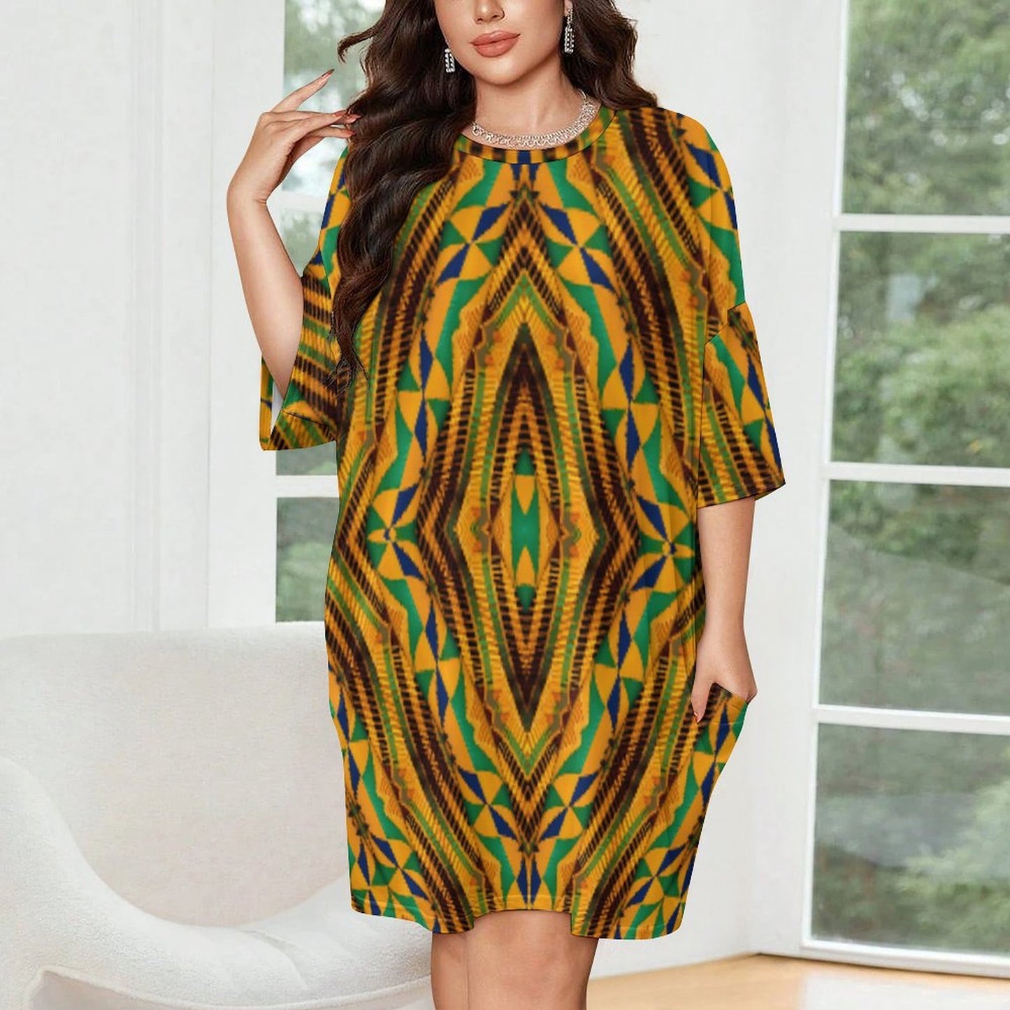 Women's Bold African Kente Inspired Pattern All-Over Print Oversized T- Shirt Loungewear