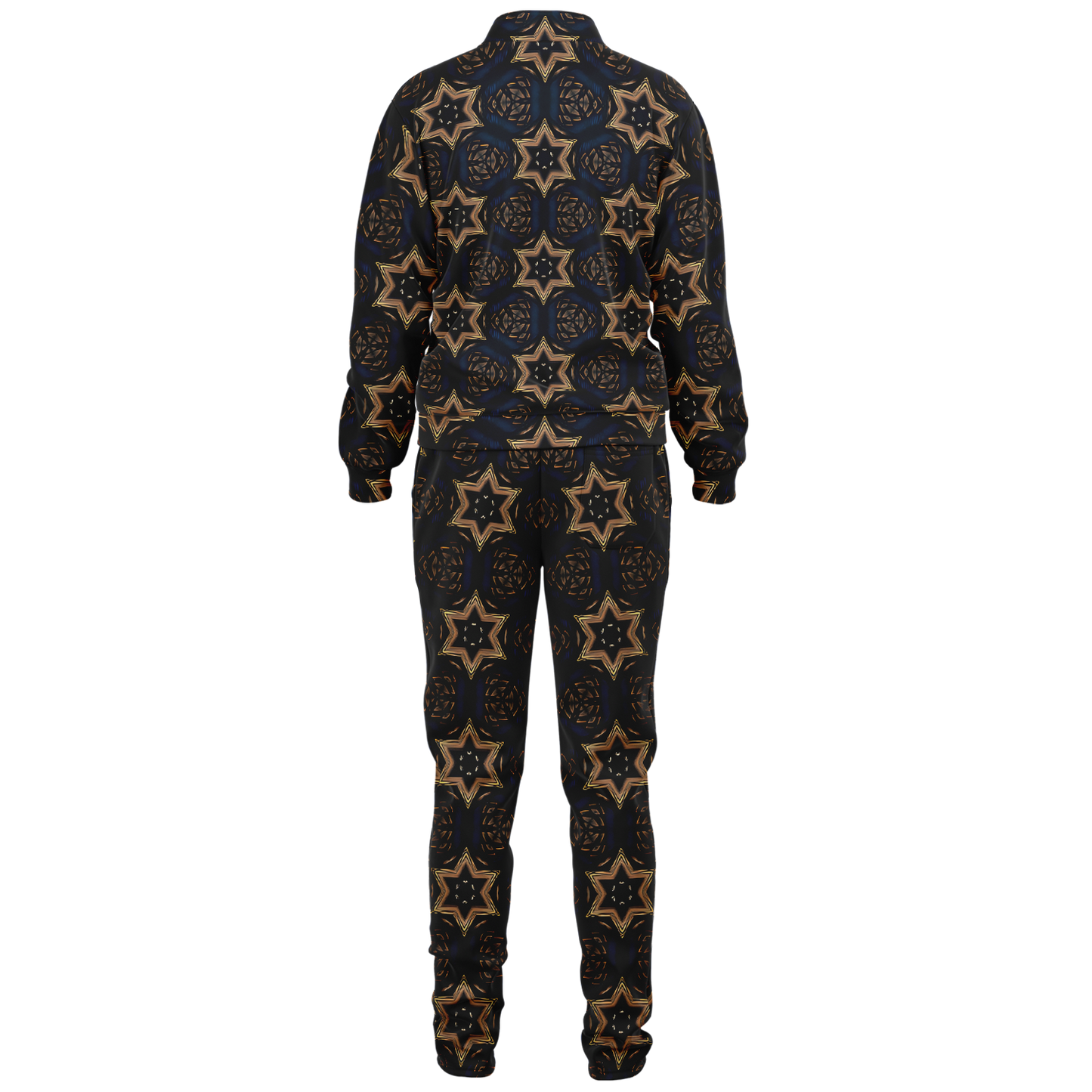 Men's Geometric Floral Pattern in Black & Brown Track Jacket and Pants