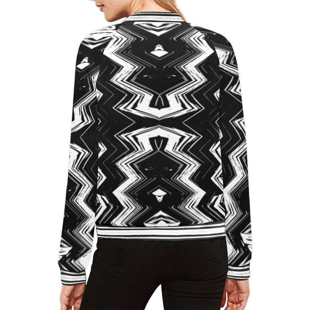 Women's Black & White Geometric Pattern All-Over Print Bomber Jacket for Women