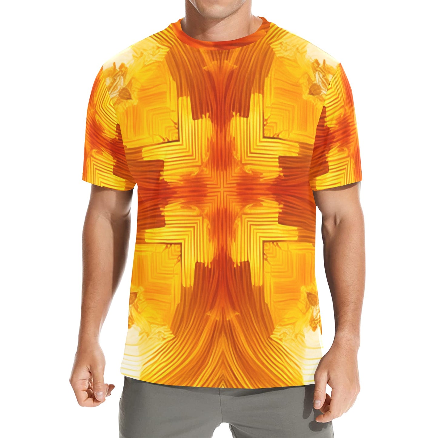 Men's Abstract Orange Flame Pattern All Over Print Crew Neck T-Shirt