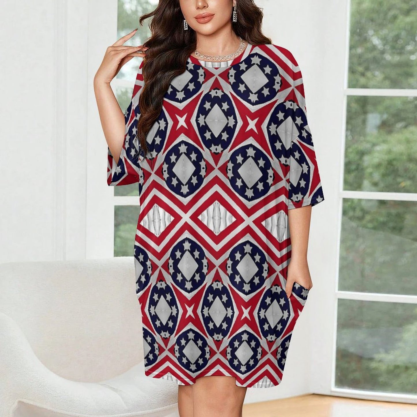 Women's Patriotic Red White Blue Geometric Oversized T- Shirt Loungewear