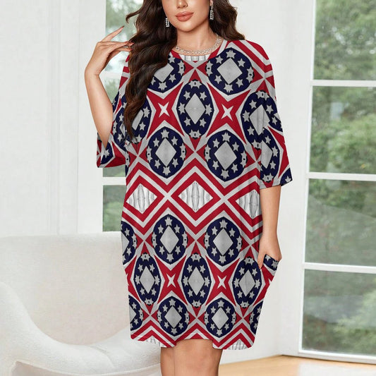 Women's Patriotic Red White Blue Geometric Oversized T- Shirt Loungewear