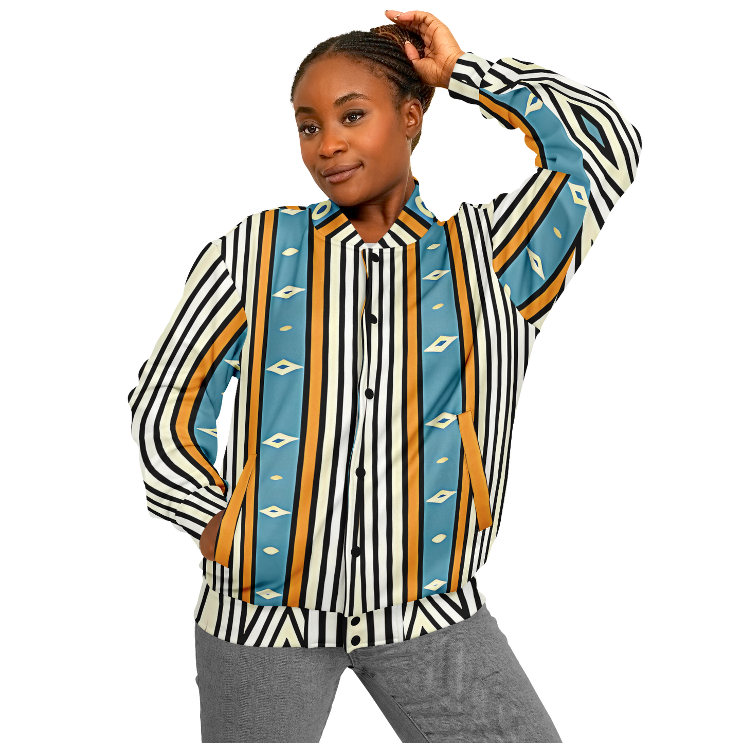 Women's Striped Retro Blue & Orange Patten All Over Print Baseball Jacket
