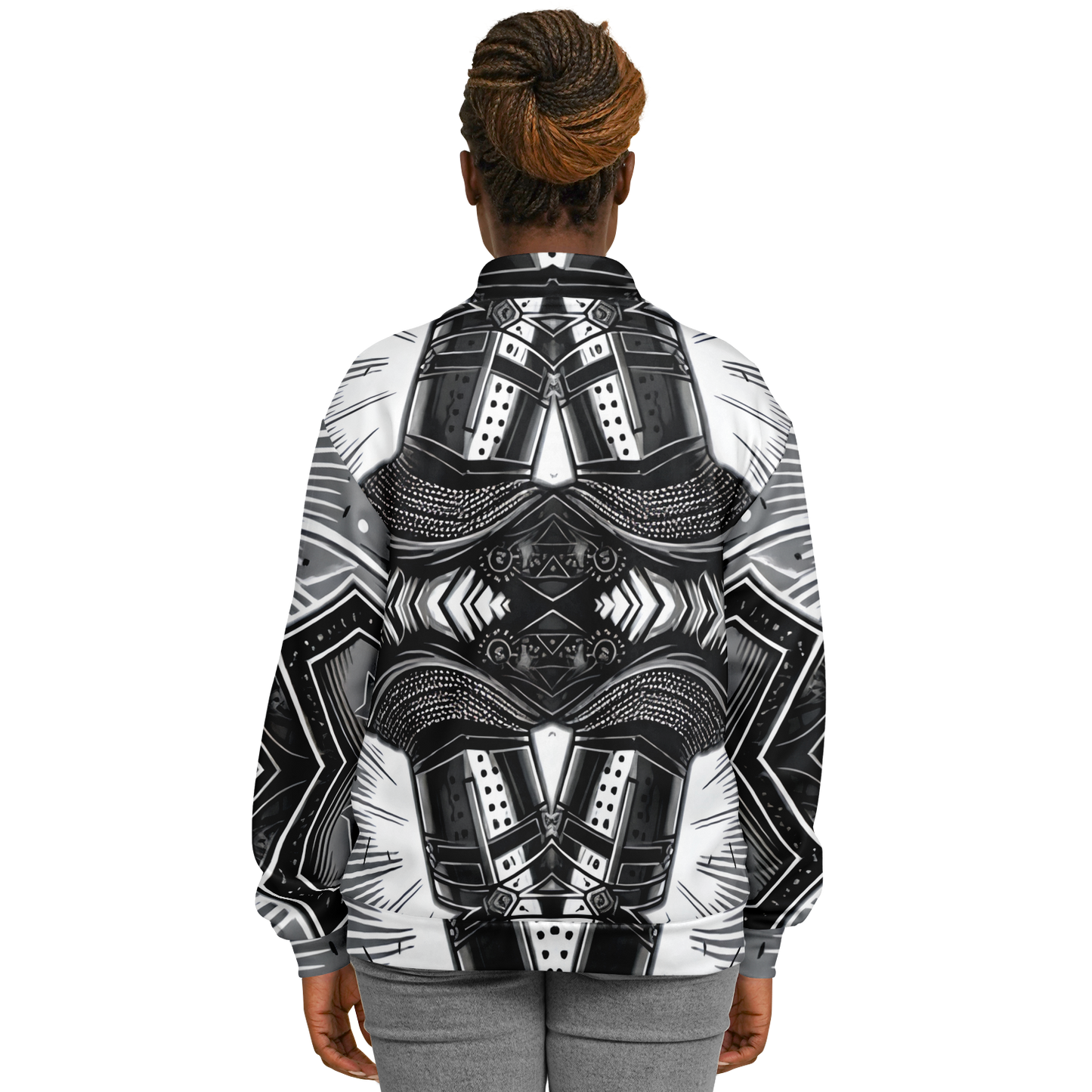 Women's Classic Black & White Geometric Pattern All Over Print Baseball Jacket