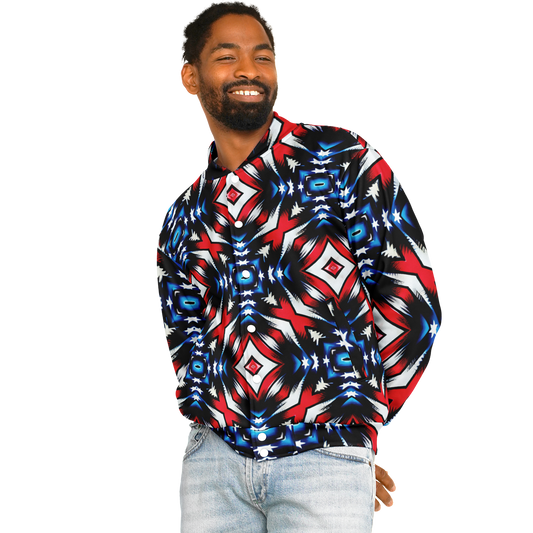 Men's Red White Blue Geometric Pattern All-Over Print Baseball Jacket