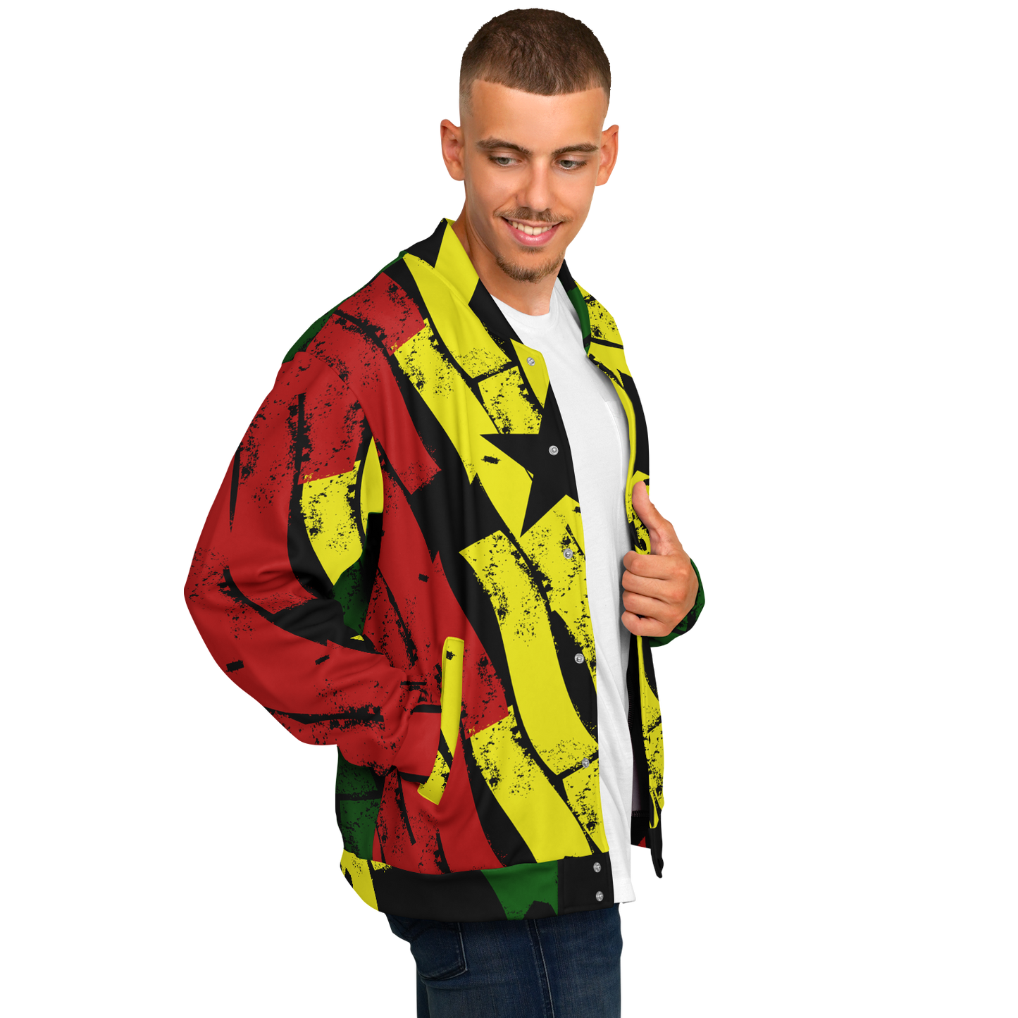 Men's Ghana Flag & Black Star Pattern All-Over Print Baseball Jacket