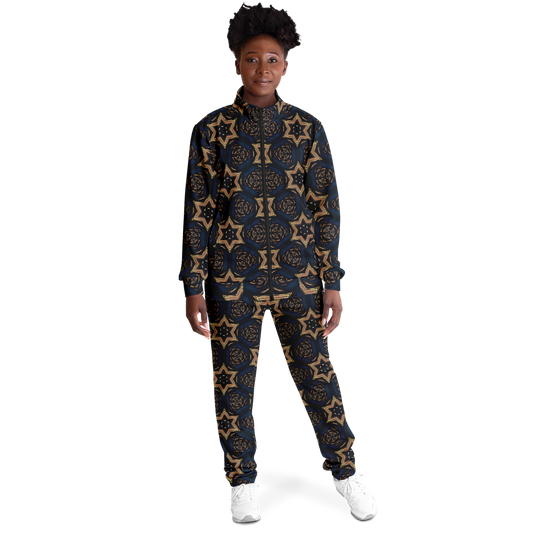 Women's Geometric Floral Pattern in Black & Brown Track Jacket and Pants