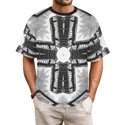 Men's Black & White Kaleidoscope Cross Pattern All Over Print All Over Print Ribbed Collar T-Shirt