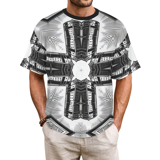 Men's Black & White Kaleidoscope Cross Pattern All Over Print All Over Print Ribbed Collar T-Shirt