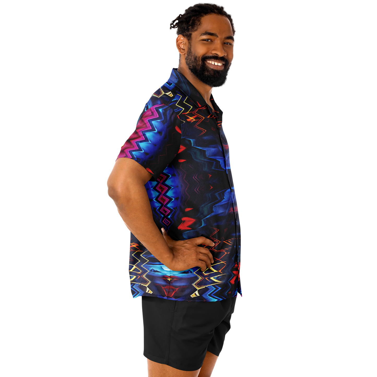 Men's Blue & Red Kaleidoscope Pattern All Over Print Spread Collar Short Sleeve Button-Down Shirt