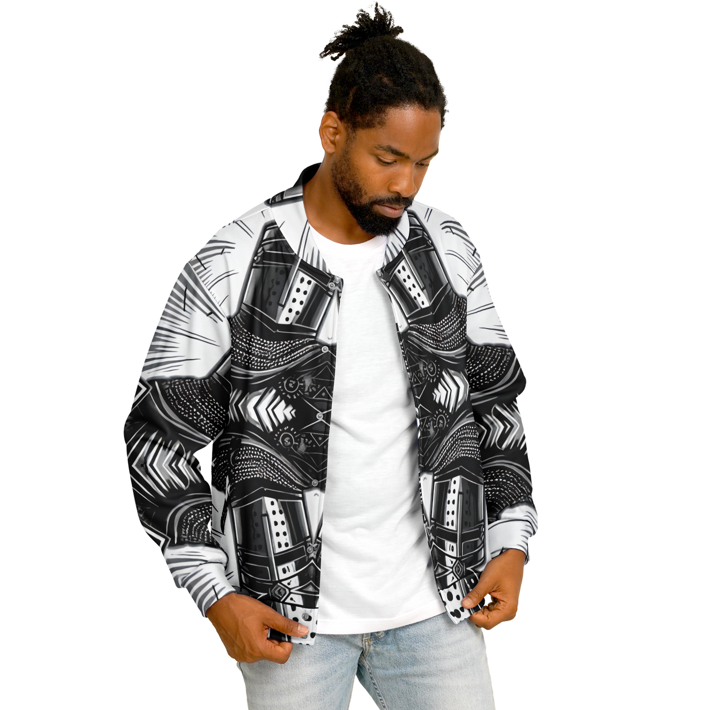 Men's Classic Black & White Geometric Pattern All Over Print Baseball Jacket