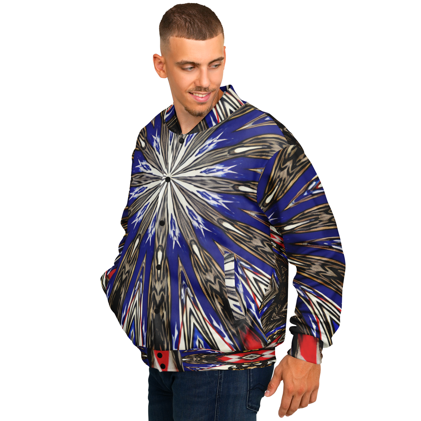 Men's Starburst Patriotic Colors Pattern All-Over-Print Baseball Jacket