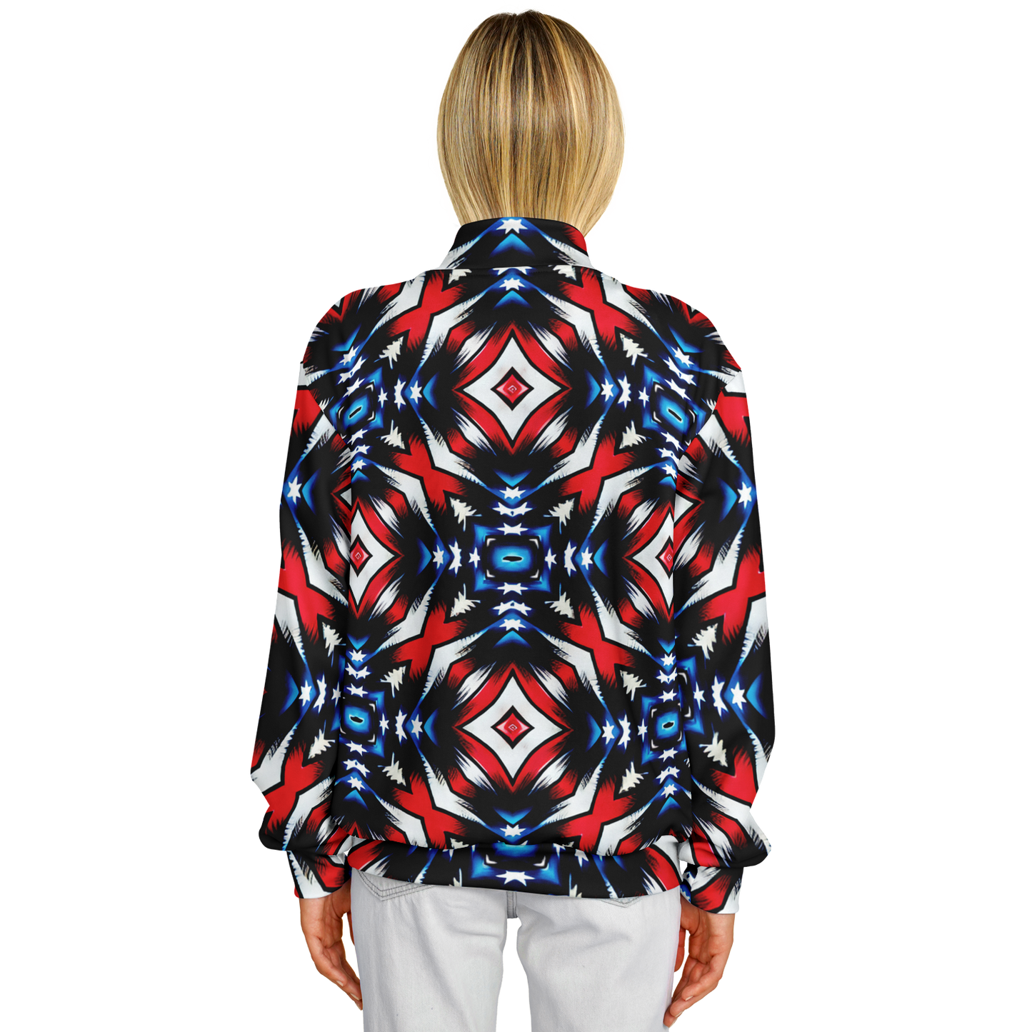 Women's Red White Blue Geometric Pattern All-Over Print Unisex Cut Baseball Jacket