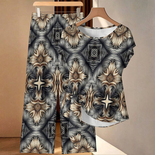 Women's Neutral Geometric Floral Pattern All Over print Side-Tie Short Sleeve Top & Wide-Leg Pants Set