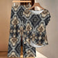 Women's Neutral Geometric Floral Pattern All Over print Side-Tie Short Sleeve Top & Wide-Leg Pants Set