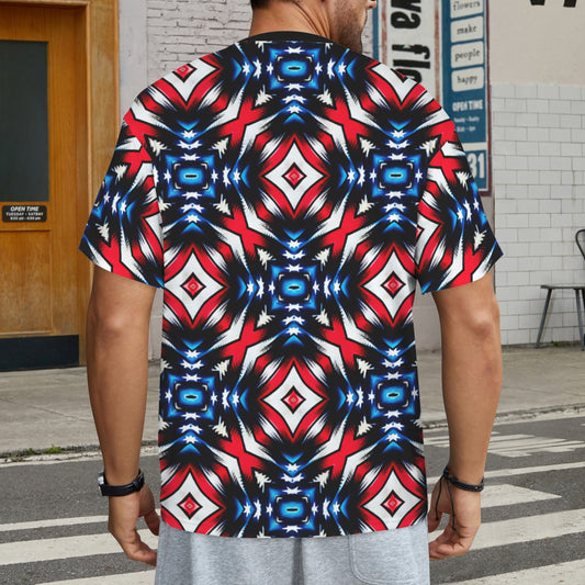 Men's Red White Blue Geometric Pattern All-Over Print All Over Print Ribbed Collar T-Shirt