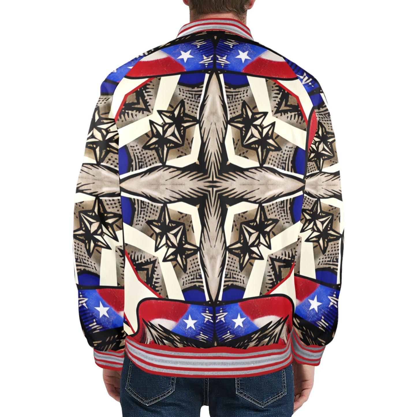 Men's Patriotic Star Kaleidoscope Pattern All-Over Print Striped Trim Bomber Jacket