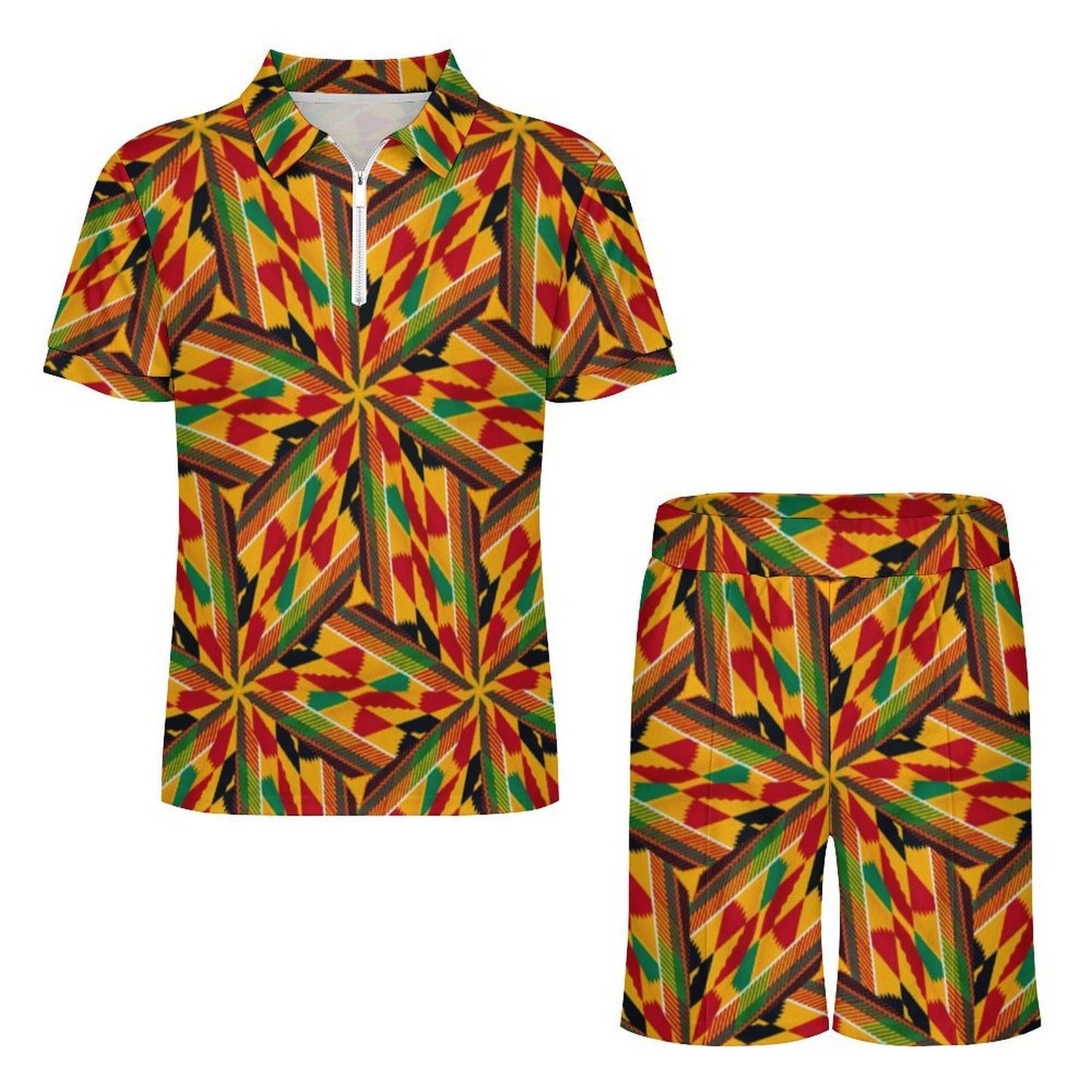 Men's Vibrant African Kente Geometric All-Over Print Zip-Up Polo Set