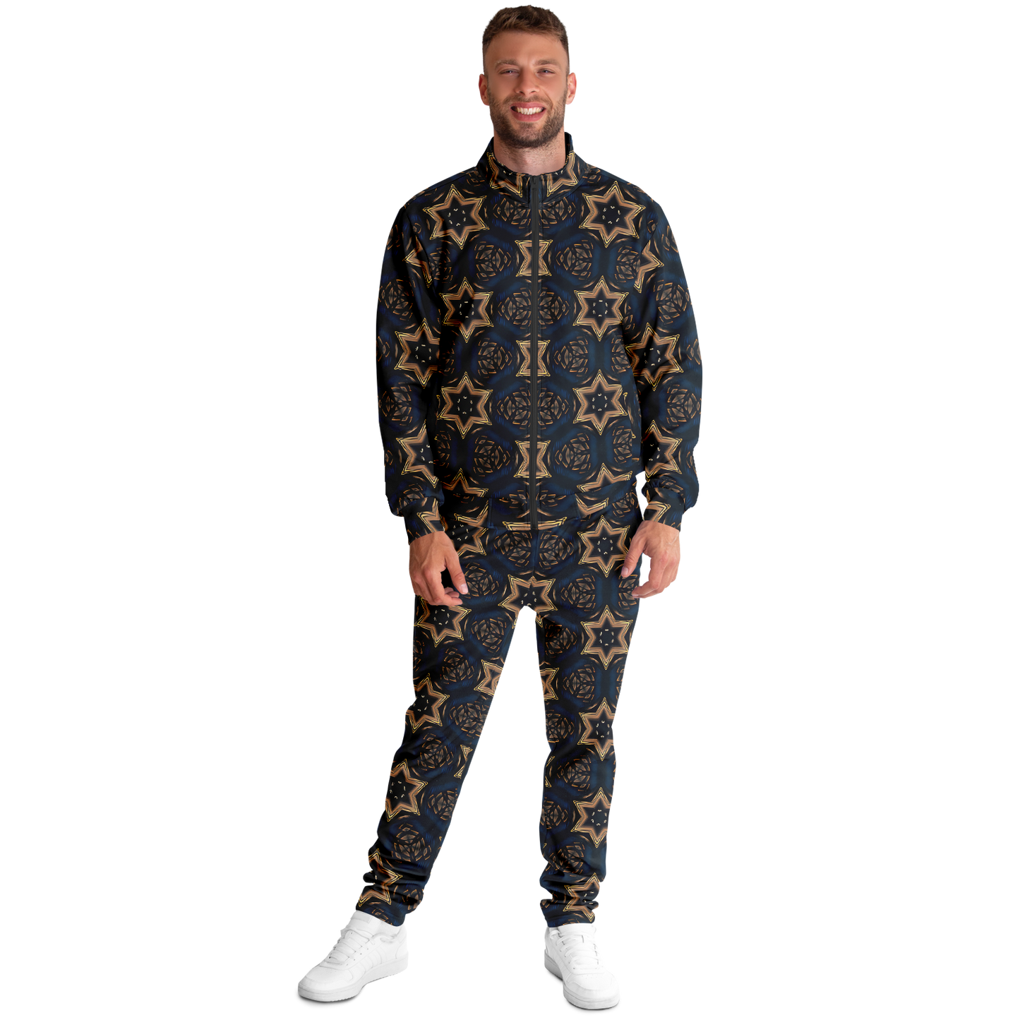 Men's Geometric Floral Pattern in Black & Brown Track Jacket and Pants