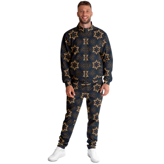 Men's Geometric Floral Pattern in Black & Brown Track Jacket and Pants