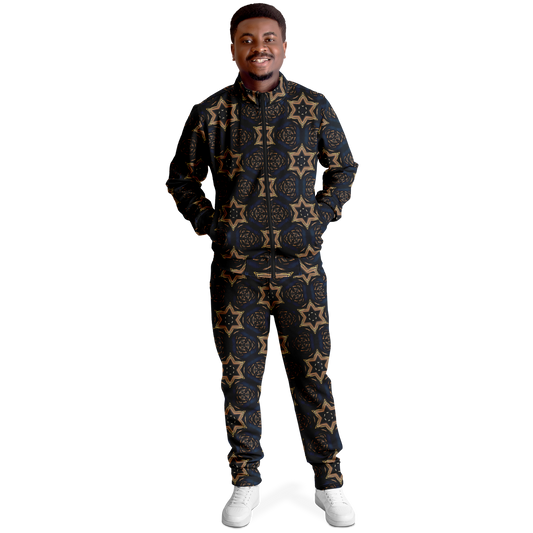 Men's Geometric Floral Pattern in Black & Brown Track Jacket and Pants