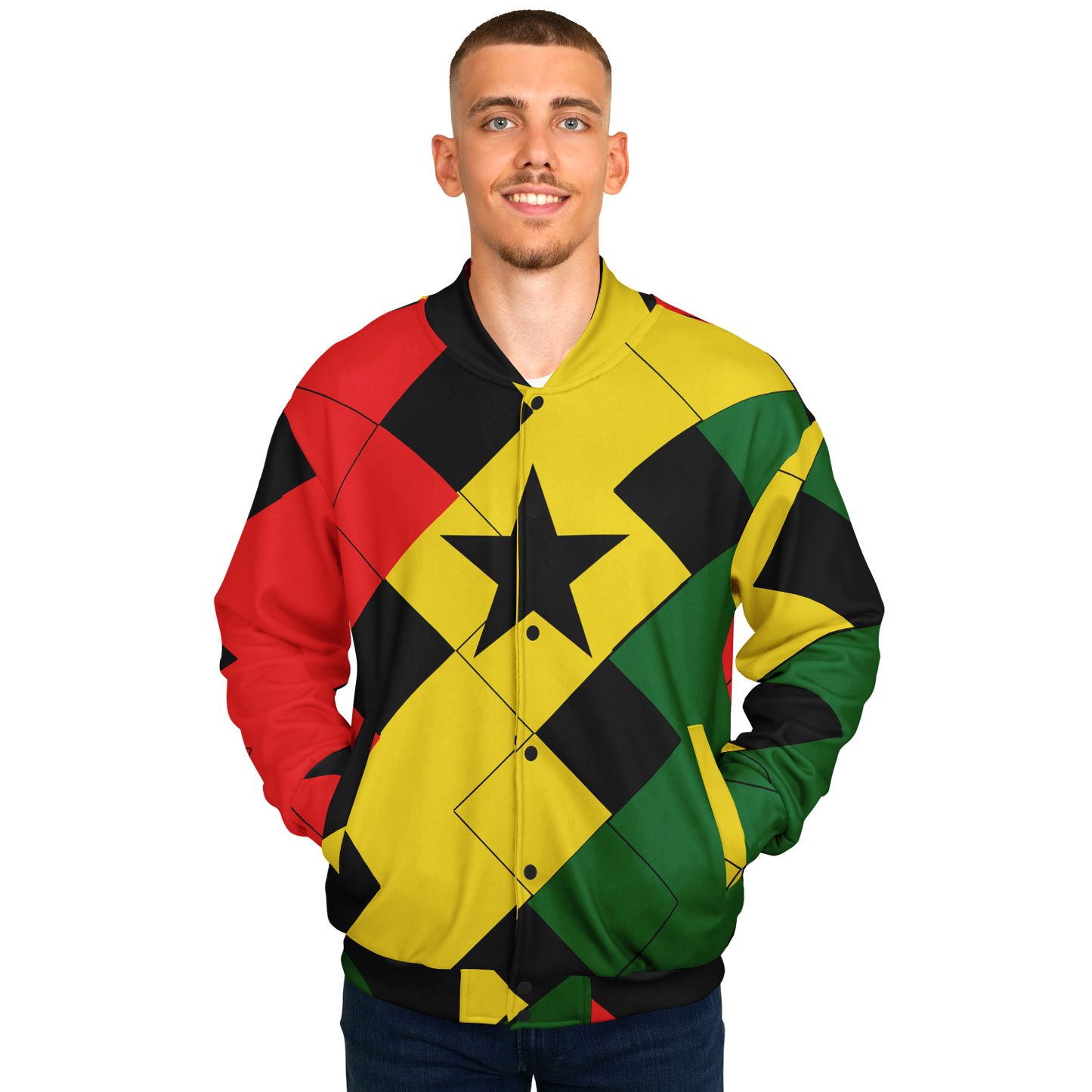 Men's Red Yellow Green and Black Stars Baseball Jacket